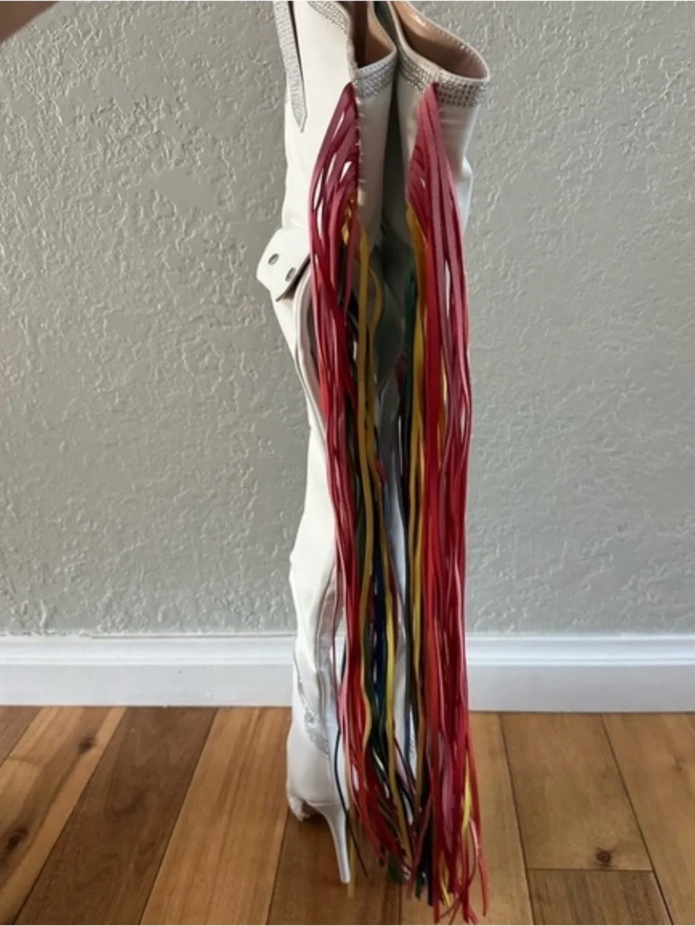 Cape Robbin Lise White Rainbow Fringe Cargo Western Thigh High Boots NWOT 8.5